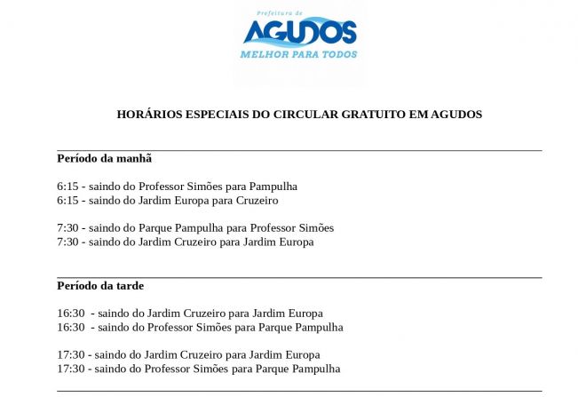 Prefeitura de Agudos mantém horários do Circular Gratuito para atender trabalhadores