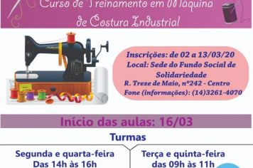 Começam no dia 2 de março as inscrições para o treinamento em máquina de costura em Agudos